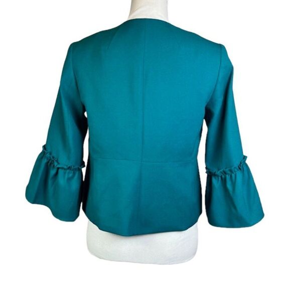 Banana Republic Flute Sleeve Blazer Cosmic Teal Hook Front Closure Pockets PS - Picture 5 of 9